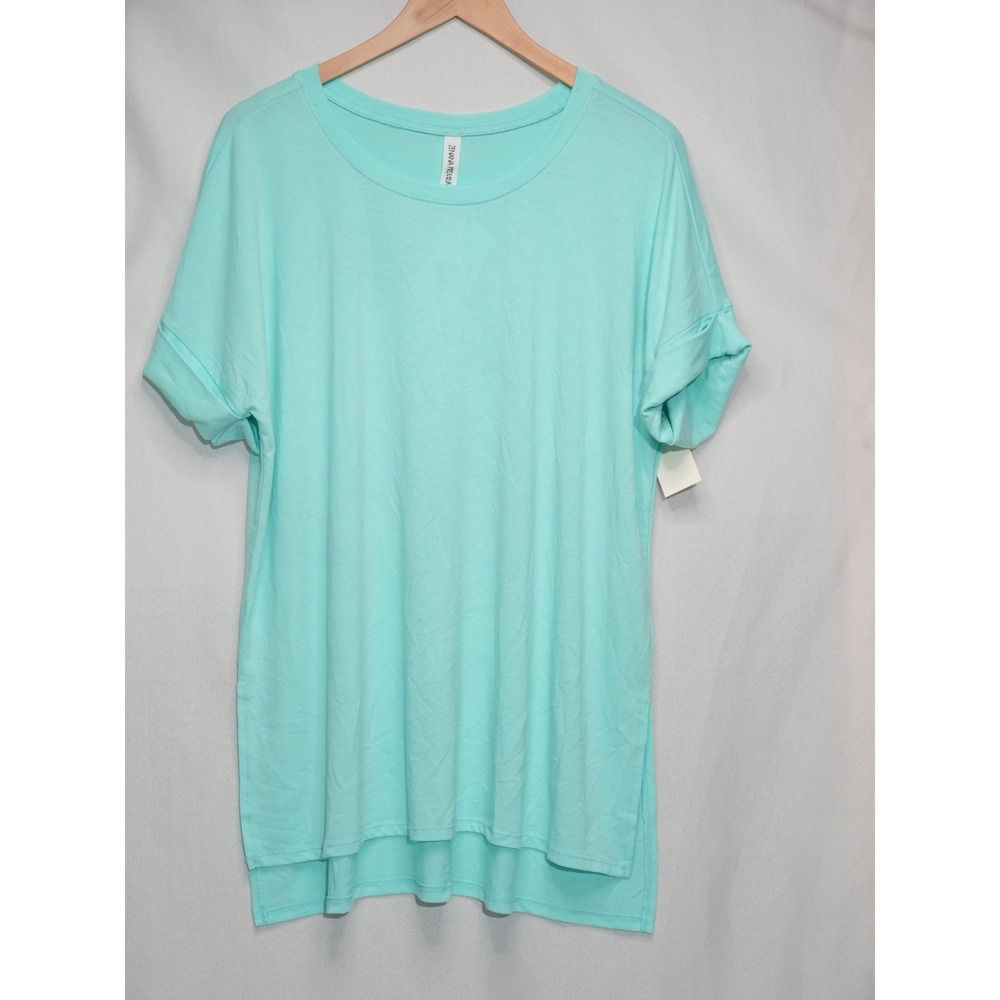 Zenana Tunic Top Women Medium Aqua Mint Cuffed Short Sleeve High-Low Hem